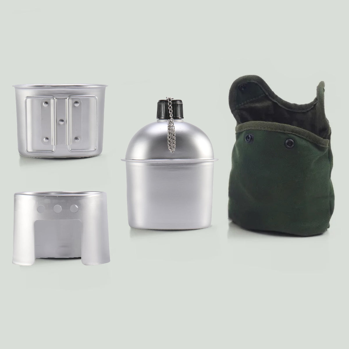 Conjunto Militar de Cantil, Caneca e Fogareiro a Lenha com Bolsa