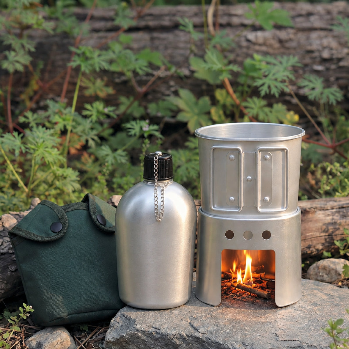 Military Canteen, Cup, and Wood-Burning Stove Set with Pouch
