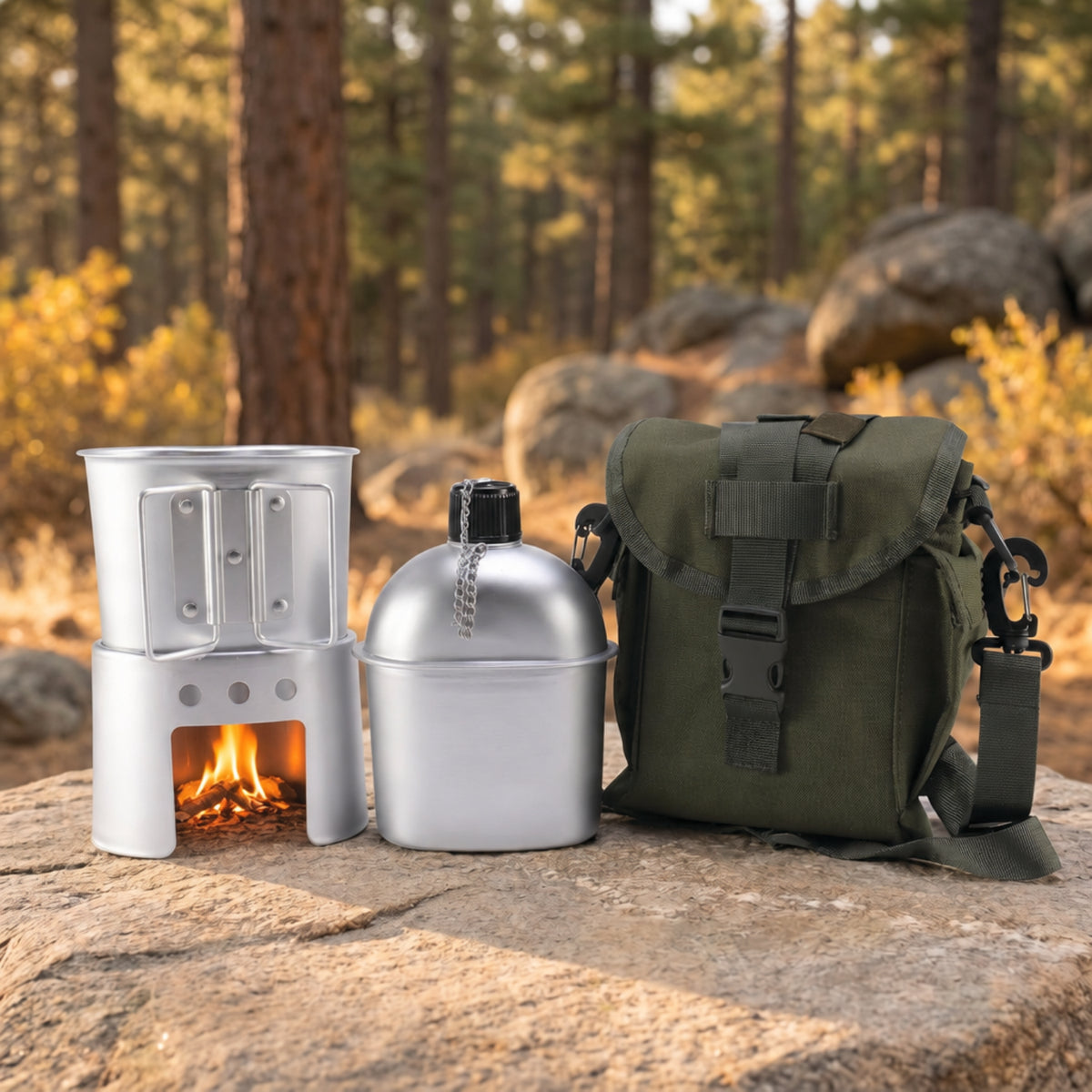 Military Canteen, Cup, and Wood-Burning Stove Set with Pouch