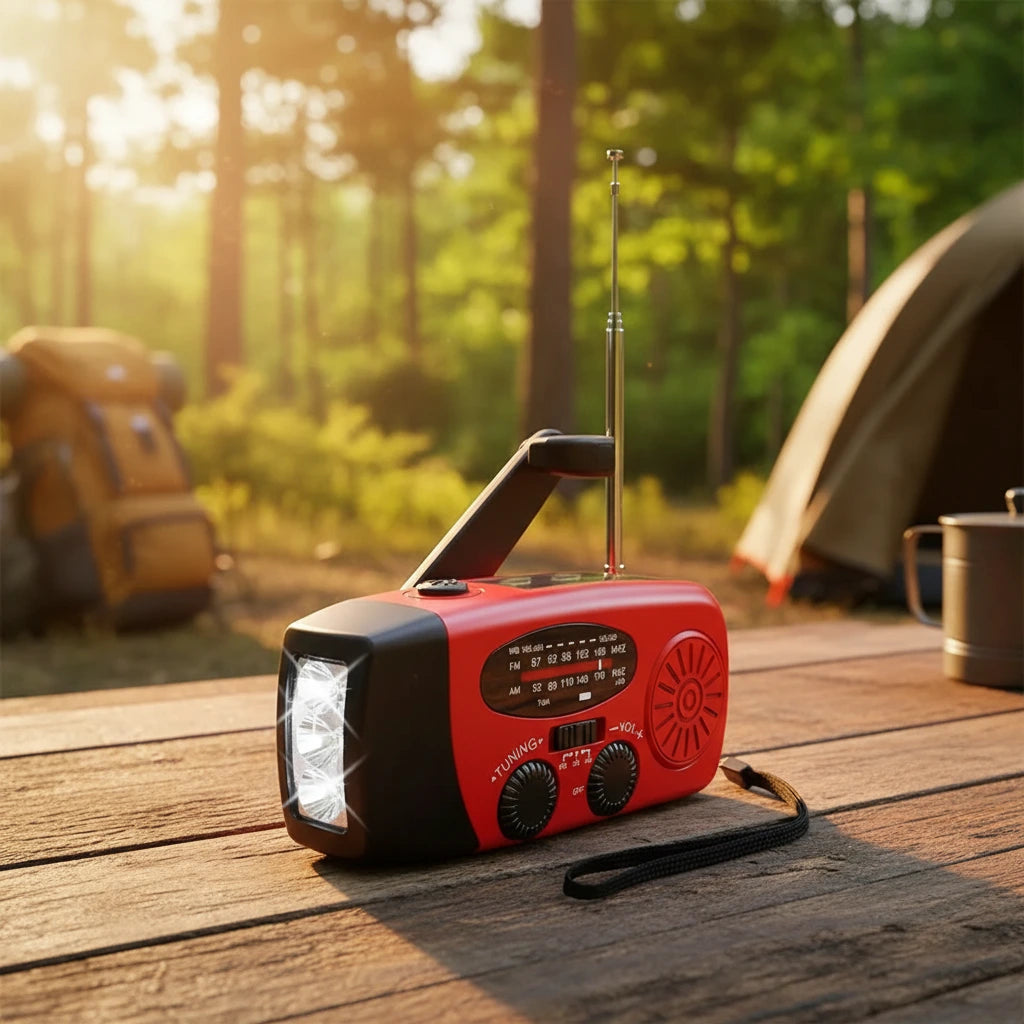 Portable Emergency Radio with Solar Panel, Hand Crank, and 3 LEDs