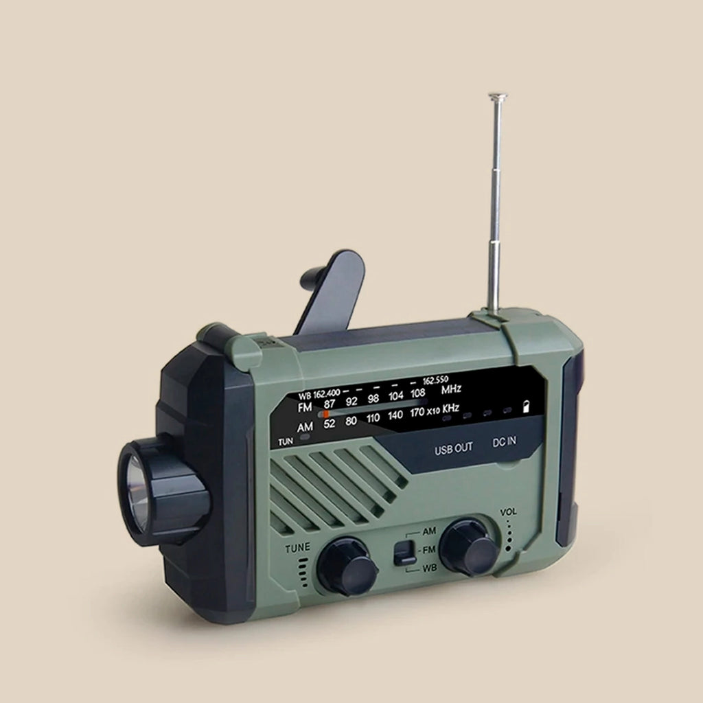 Solar-powered emergency radio with hand crank.