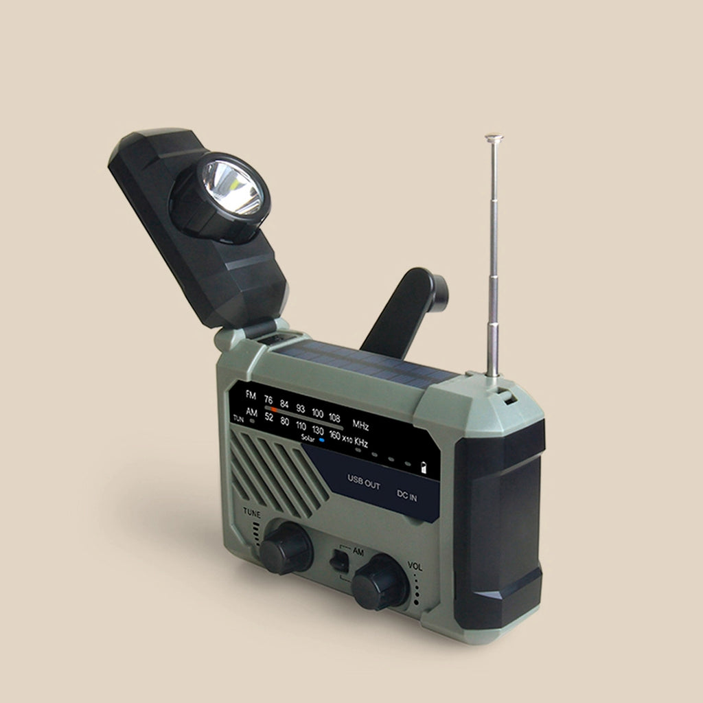 Solar-powered emergency radio with hand crank.