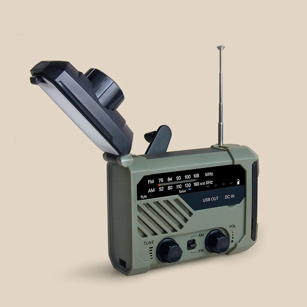 Solar-powered emergency radio with hand crank.