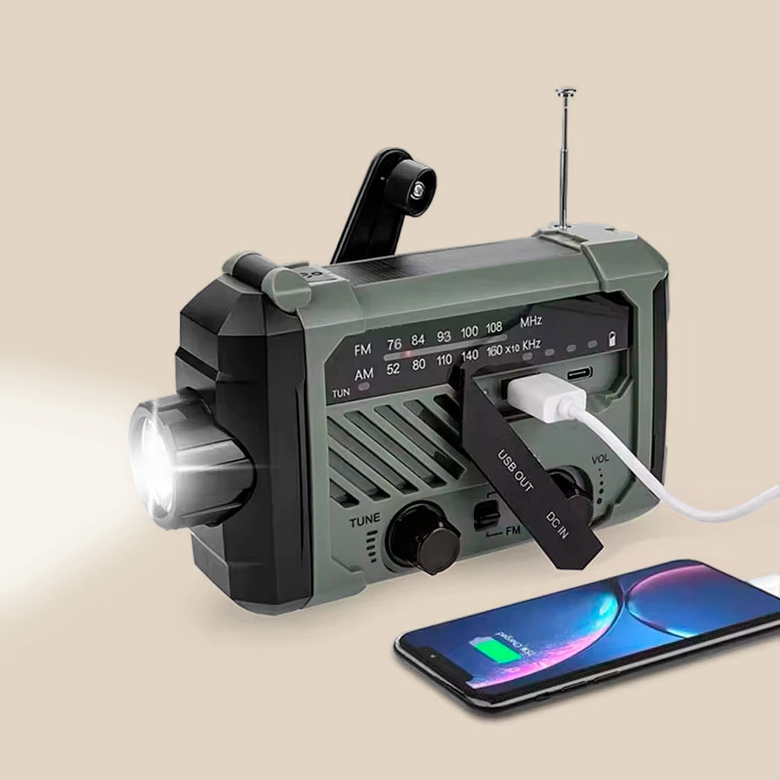 Solar-powered emergency radio with hand crank.