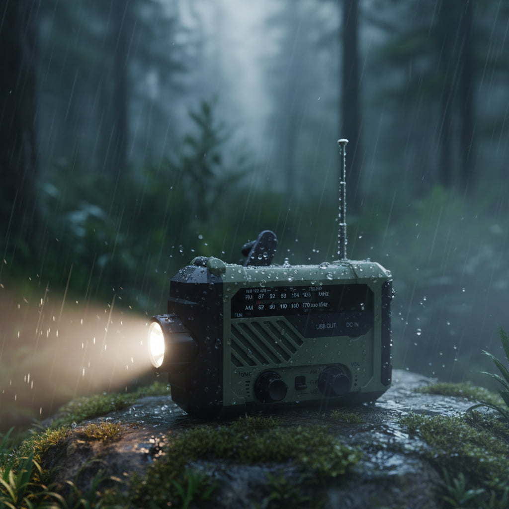 Solar-powered emergency radio with hand crank.