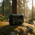 Solar-powered emergency radio with hand crank.