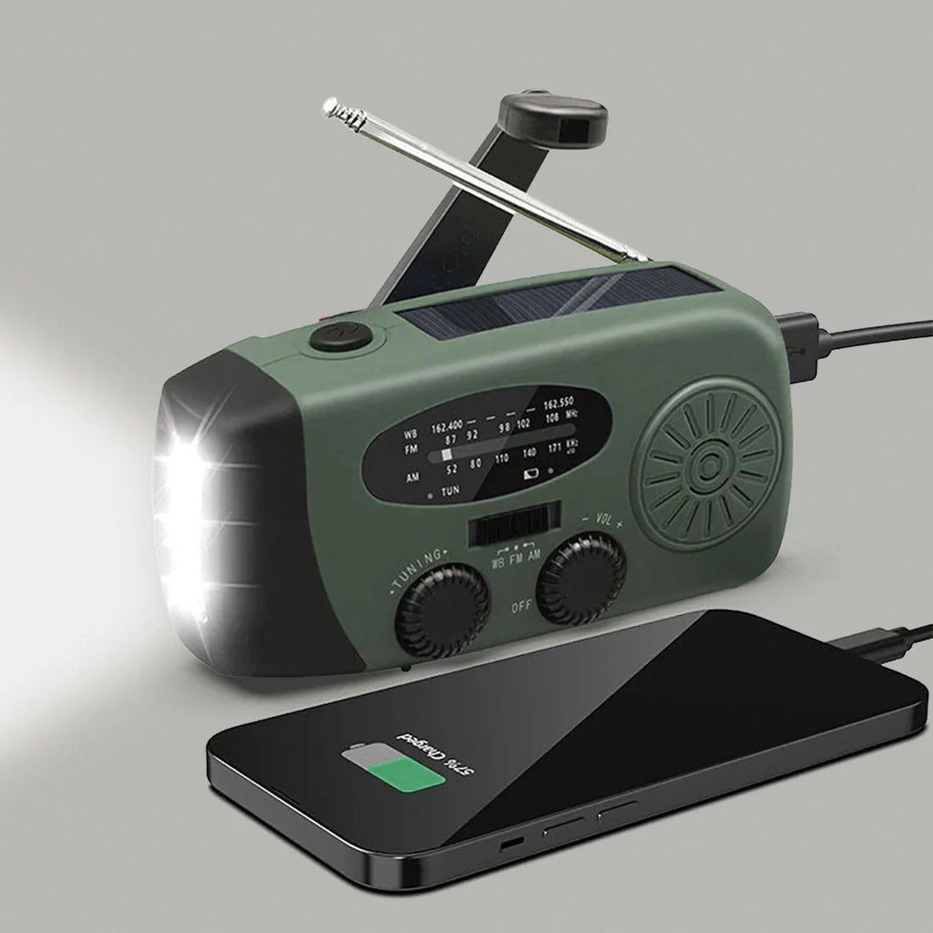 Portable Emergency Radio with Solar Panel, Hand Crank, and 3 LEDs