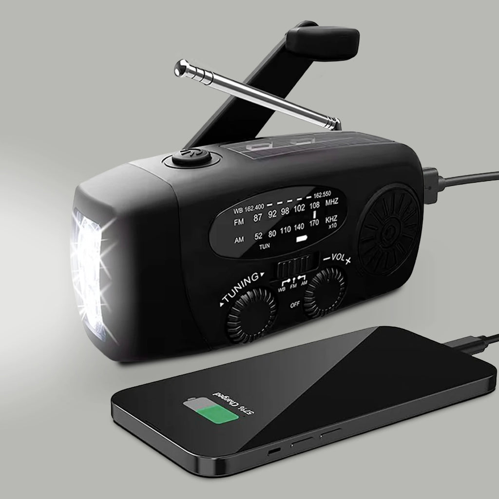 Portable Emergency Radio with Solar Panel, Hand Crank, and 3 LEDs